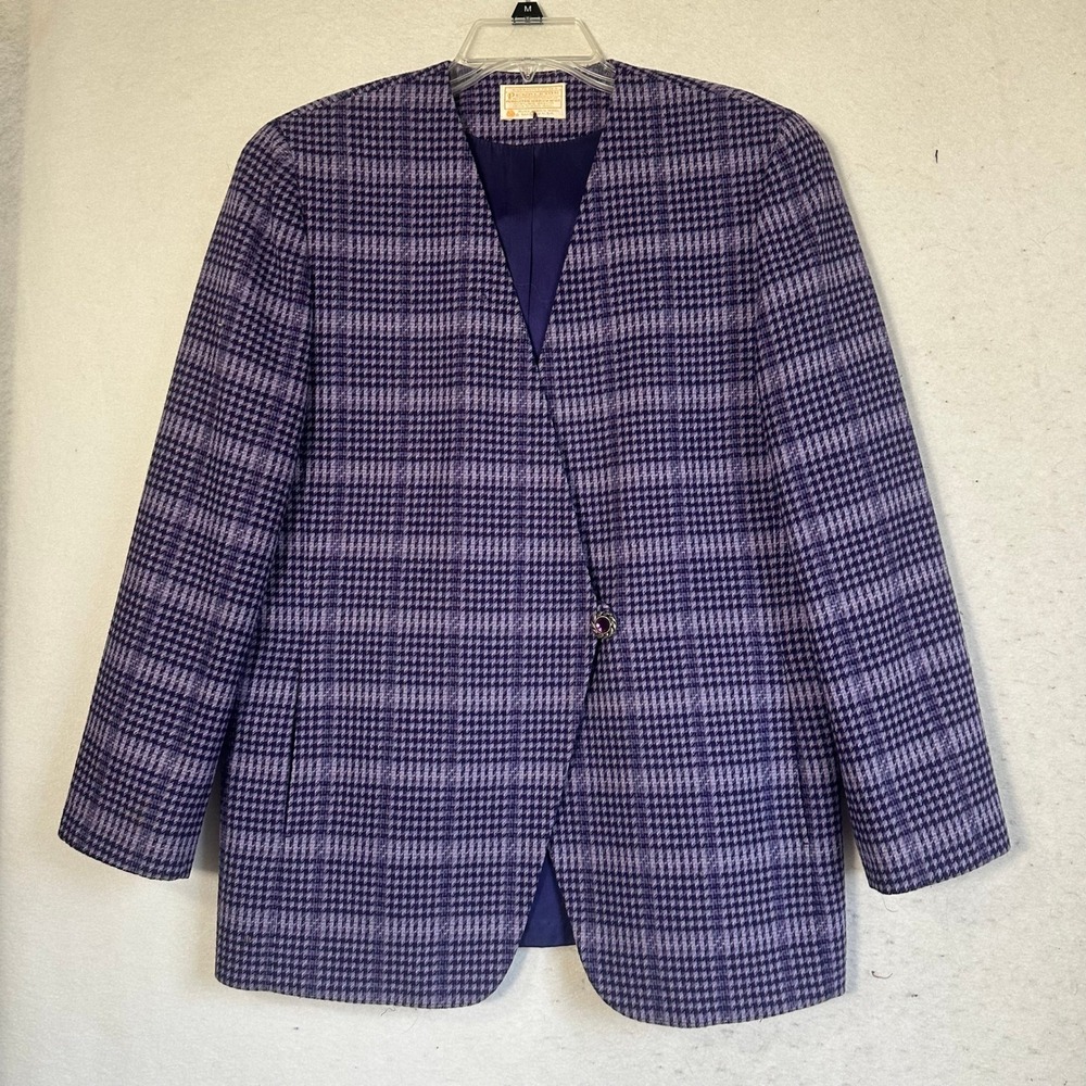 Pendleton Vintage Purple Houndstooth Wool Blazer Jacket Collarless Womens 14 USA